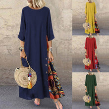 Load image into Gallery viewer, Colarinho redondo floral de outono com botões de bloqueio de cor e vestido de mangas patchwork. Solto e confortável, com cores de retalhos para um ar de elegância e generosidade. Disponível em 12 cores à escolha.