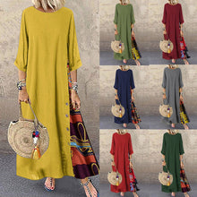 Load image into Gallery viewer, Colarinho redondo floral de outono com botões de bloqueio de cor e vestido de mangas patchwork. Solto e confortável, com cores de retalhos para um ar de elegância e generosidade. Disponível em 12 cores à escolha.