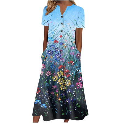 【S-3XL】Cuello en V Botón Manga Corta Suelta Dobladillo Vestido Impreso
