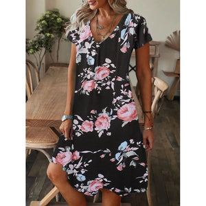 Vestido de manga corta con escote en pico y estampado holgado - España