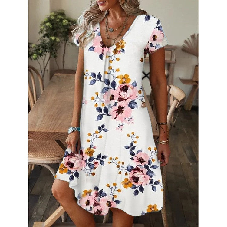 Vestido de manga corta con escote en pico y estampado holgado - España