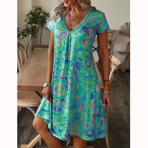 Vestido de manga corta con escote en pico y estampado holgado - España
