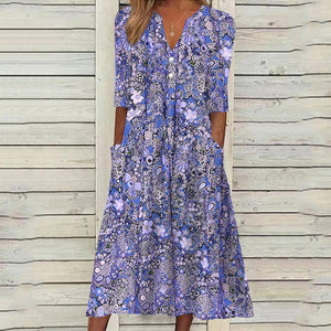 Vestido casual estampado con cuello en V y bolsillos abiertos - España