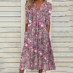 Vestido casual estampado con cuello en V y bolsillos abiertos - España