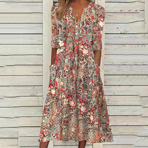 Vestido casual estampado con cuello en V y bolsillos abiertos - España