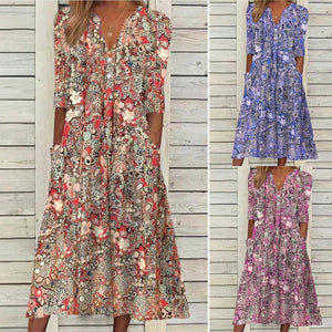 Vestido casual estampado con cuello en V y bolsillos abiertos - España