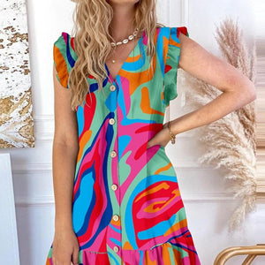 Envío gratis🔥Vestido suelto estampado con cuello de pico y botones - España