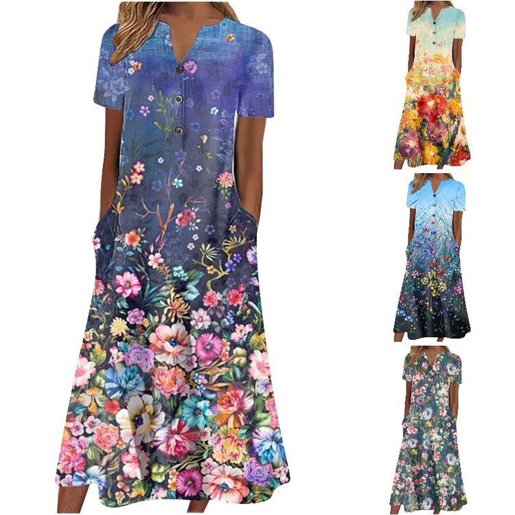 【S-3XL】Cuello en V Botón Manga Corta Suelta Dobladillo Vestido Impreso