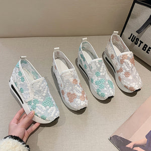 2024 principios de la primavera nueva malla zapatos individuales señaló muffin grueso fondo zapatos casuales bordados zapatos de las mujeres