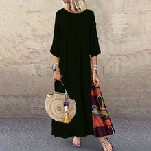 Load image into Gallery viewer, Colarinho redondo floral de outono com botões de bloqueio de cor e vestido de mangas patchwork. Solto e confortável, com cores de retalhos para um ar de elegância e generosidade. Disponível em 12 cores à escolha.
