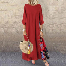 Load image into Gallery viewer, Colarinho redondo floral de outono com botões de bloqueio de cor e vestido de mangas patchwork. Solto e confortável, com cores de retalhos para um ar de elegância e generosidade. Disponível em 12 cores à escolha.
