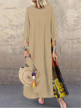 Load image into Gallery viewer, Colarinho redondo floral de outono com botões de bloqueio de cor e vestido de mangas patchwork. Solto e confortável, com cores de retalhos para um ar de elegância e generosidade. Disponível em 12 cores à escolha.
