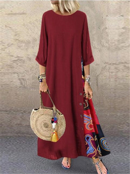 Colarinho redondo floral de outono com botões de bloqueio de cor e vestido de mangas patchwork. Solto e confortável, com cores de retalhos para um ar de elegância e generosidade. Disponível em 12 cores à escolha.