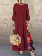 Load image into Gallery viewer, Colarinho redondo floral de outono com botões de bloqueio de cor e vestido de mangas patchwork. Solto e confortável, com cores de retalhos para um ar de elegância e generosidade. Disponível em 12 cores à escolha.
