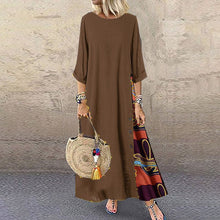 Load image into Gallery viewer, Colarinho redondo floral de outono com botões de bloqueio de cor e vestido de mangas patchwork. Solto e confortável, com cores de retalhos para um ar de elegância e generosidade. Disponível em 12 cores à escolha.
