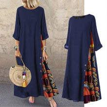 Load image into Gallery viewer, Colarinho redondo floral de outono com botões de bloqueio de cor e vestido de mangas patchwork. Solto e confortável, com cores de retalhos para um ar de elegância e generosidade. Disponível em 12 cores à escolha.
