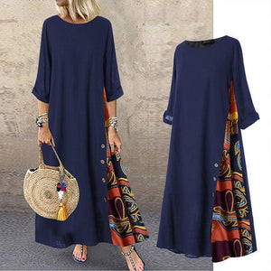 Colarinho redondo floral de outono com botões de bloqueio de cor e vestido de mangas patchwork. Solto e confortável, com cores de retalhos para um ar de elegância e generosidade. Disponível em 12 cores à escolha.