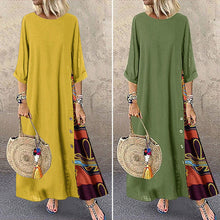 Load image into Gallery viewer, Colarinho redondo floral de outono com botões de bloqueio de cor e vestido de mangas patchwork. Solto e confortável, com cores de retalhos para um ar de elegância e generosidade. Disponível em 12 cores à escolha.

