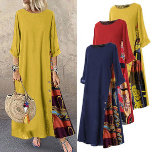 Colarinho redondo floral de outono com botões de bloqueio de cor e vestido de mangas patchwork. Solto e confortável, com cores de retalhos para um ar de elegância e generosidade. Disponível em 12 cores à escolha.