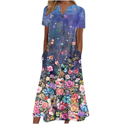 【S-3XL】Cuello en V Botón Manga Corta Suelta Dobladillo Vestido Impreso