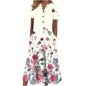 【S-3XL】Cuello en V Botón Manga Corta Suelta Dobladillo Vestido Impreso