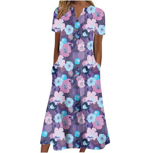【S-3XL】Cuello en V Botón Manga Corta Suelta Dobladillo Vestido Impreso